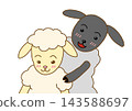 A black sheep encouraging a white sheep 143588697