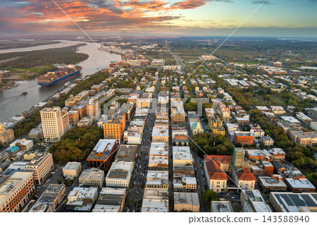 Old historical city Savannah in Georgia. Southern USA cityscape at sunset Old historical city Savannah in Georgia. Southern USA cityscape at sunset 143588940