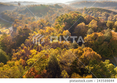 Wooded sunset hills of Appalachian mountains in North Carolina with lush and evergreen forest trees at fall season. Beauty of autumnal nature Wooded sunset hills of Appalachian mountains in North Carolina with lush and evergreen forest trees at fall season. Beauty of autumnal nature 143589844