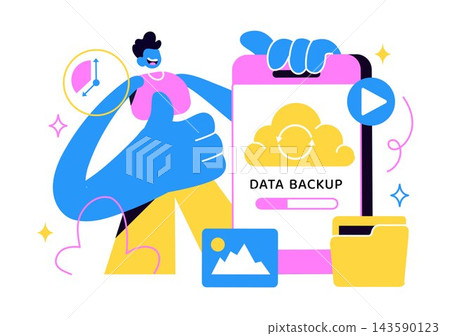 Data Backup Vector Illustration Featuring Cloud Storage, Secure File Recovery, Digital Protection, Database Management, and Information Security Data Backup Vector Illustration Featuring Cloud Storage, Secure File Recovery, Digital Protection, Database Management, and Information Security 143590123