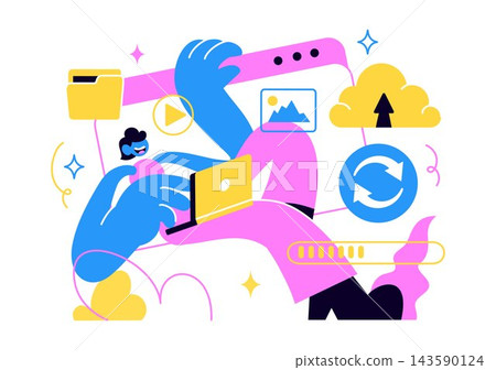 Data Backup Vector Illustration Featuring Cloud Storage, Secure File Recovery, Digital Protection, Database Management, and Information Security Data Backup Vector Illustration Featuring Cloud Storage, Secure File Recovery, Digital Protection, Database Management, and Information Security 143590124