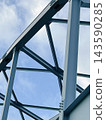 Geometric steel truss structure and architectural frame that stand out against the blue sky. 143590285