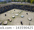 Takamatsu Castle Ruins (Tamamo Park): Remains of the castle tower foundation and cherry blossoms in full bloom (Takamatsu City, Kagawa Prefecture) 143590425