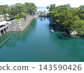 Takamatsu Castle Ruins (Tamamo Park): A view of the Sayabashi Bridge and inner moat from the castle tower base (Takamatsu City, Kagawa Prefecture) 143590426