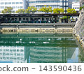 The moat and stone walls of Takamatsu Castle ruins, with the platform of Kotoden Takamatsu Chikko Station visible in the background (Takamatsu City, Kagawa Prefecture). 143590436