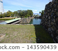 Takamatsu Castle Ruins (Tamamo Park): A view of the Sayabashi Bridge and inner moat from the castle tower base (Takamatsu City, Kagawa Prefecture) 143590439