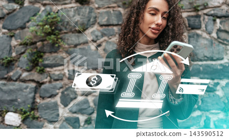 Online payment process with a person checking their phone near a stone wall Online payment process with a person checking their phone near a stone wall 143590512