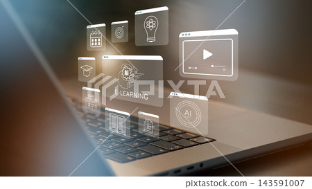 E learning concepts displayed on a laptop screen with icons representing various online learning tools and resources 143591007