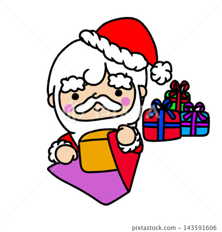 Santa Claus (in bright colors) is preparing Christmas presents. 143591606