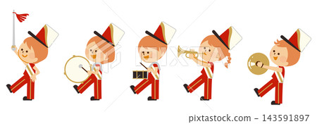 Cute illustrations of children in a marching band or drum and fife corps. Cute illustrations of children in a marching band or drum and fife corps. 143591897