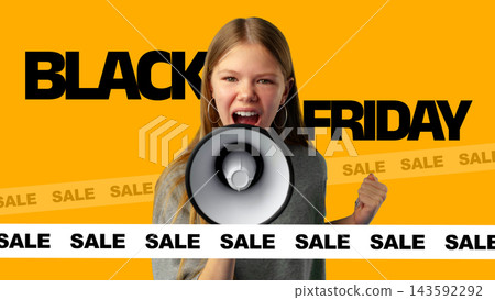 Black Friday sale announcement with a person using a megaphone and vibrant background Black Friday sale announcement with a person using a megaphone and vibrant background 143592292