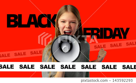 Black Friday sale announcement with a girl holding a megaphone on a bright red background 143592293