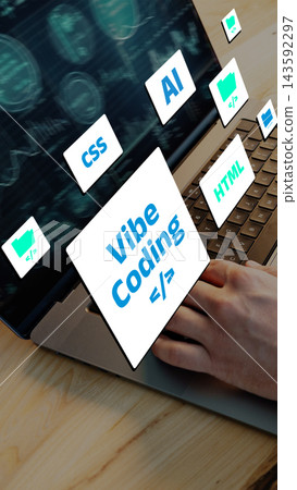 Vibe coding displayed on a laptop with various programming symbols and tags Vibe coding displayed on a laptop with various programming symbols and tags 143592297