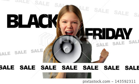 Black Friday sale is announced by a young woman holding a megaphone at a retail store promoting discounts Black Friday sale is announced by a young woman holding a megaphone at a retail store promoting discounts 143592311