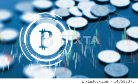 Digital currency symbol with coins and market graph in the background Digital currency symbol with coins and market graph in the background 143592373