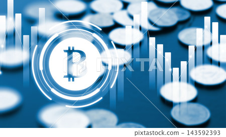 Bitcoin symbol with digital currency coins and market trend lines in a blue setting showing financial activity 143592393