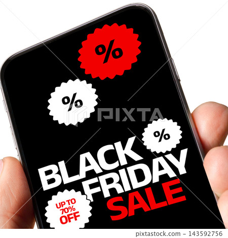 Black Friday sale on smartphone with discount tags and promotional text displayed Black Friday sale on smartphone with discount tags and promotional text displayed 143592756