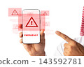 Emergency 911 response alert on mobile phone with warning signs and symbols displayed on the screen 143592781