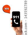 Calling emergency services with a mobile phone showing 911 and SOS symbols during a critical situation 143592789