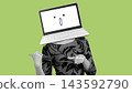Person with a laptop screen for a head points to something important in a bright green background 143592790