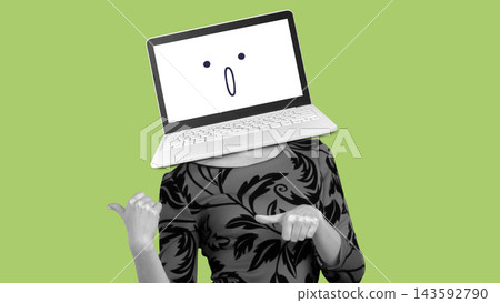 Person with a laptop screen for a head points to something important in a bright green background 143592790