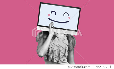 Person with a computer screen as a head smiles while holding a finger to their lips against a pink background Person with a computer screen as a head smiles while holding a finger to their lips against a pink background 143592791