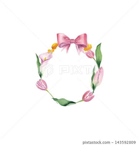 Watercolor wreath with pink tulips, tulip leaves, and calla lilies for invitations, greeting cards, apparel, tableware, labels, and posters. watercolor illustration Watercolor wreath with pink tulips, tulip leaves, and calla lilies for invitations, greeting cards, apparel, tableware, labels, and posters. watercolor illustration 143592809
