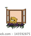An illustration of a bear relaxing by an open window. 143592875