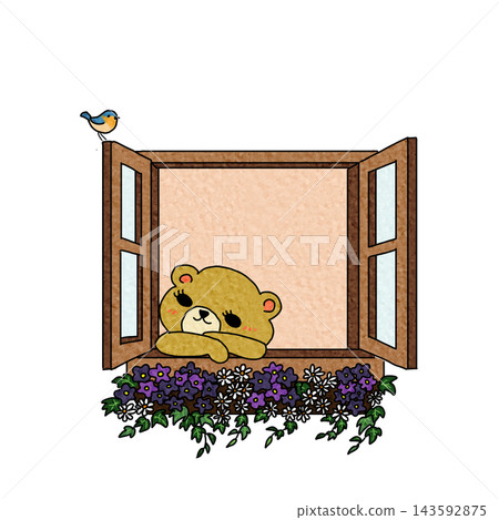 An illustration of a bear relaxing by an open window. An illustration of a bear relaxing by an open window. 143592875