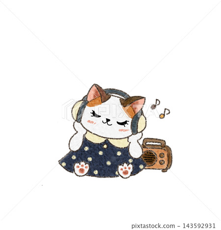 An illustration of a cat relaxing while listening to music with headphones. 143592931