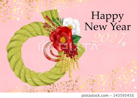 注連繩裝飾插圖新年賀卡模板，粉紅色背景 143593458