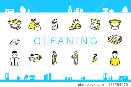 A set of illustrations and icons related to cleaning. A set of illustrations and icons related to cleaning. 143593470