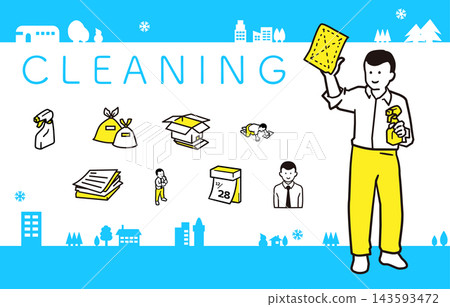 A set of illustrations of a man cleaning. 143593472
