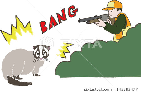 全彩插圖,描繪了一名獵人用槍射殺一隻靈貓(一種害獸)。手繪風格(靈貓滅殺,野生動物危害)。 全彩插圖,描繪了一名獵人用槍射殺一隻靈貓(一種害獸)。手繪風格(靈貓滅殺,野生動物危害)。 143593477