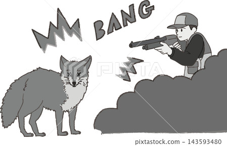 黑白插圖,描繪了一名獵人用槍射殺一隻狐狸(害獸)。手繪風格,略帶程式化處理。 (狐狸滅殺、野生動物損害管制、狩獵協會) 黑白插圖,描繪了一名獵人用槍射殺一隻狐狸(害獸)。手繪風格,略帶程式化處理。 (狐狸滅殺、野生動物損害管制、狩獵協會) 143593480