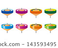 Set of 8 illustrations of spinning tops (koma), Japanese style, New Year's, traditional toy, wooden toy. 143593495