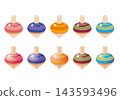 A set of illustrated hand-spun spinning tops in various colors, featuring a Japanese style and traditional New Year's toy. 143593496
