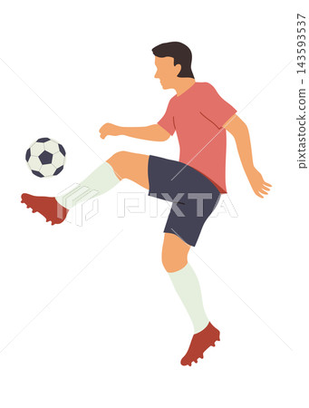 Silhouette of male soccer player kicking ball in midair, bold geometric shapes and muted color blocks in profile Silhouette of male soccer player kicking ball in midair, bold geometric shapes and muted color blocks in profile 143593537