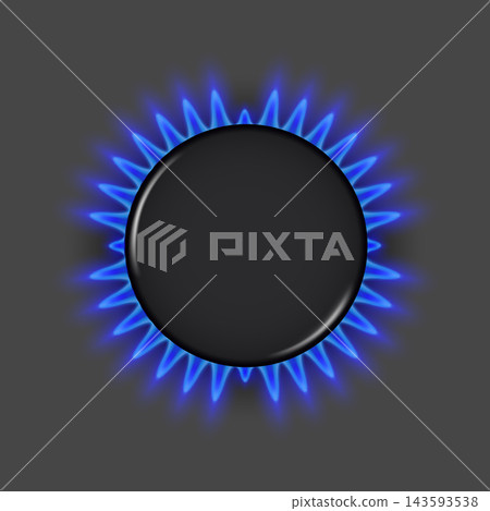 Realistic gas burner. 3d oven hob blue fire flame burner top view, kitchen cooker natural gas ring light home cooking heat safety fuel isolated garish vector illustration Realistic gas burner. 3d oven hob blue fire flame burner top view, kitchen cooker natural gas ring light home cooking heat safety fuel isolated garish vector illustration 143593538