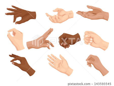 Set of diverse hand gesture illustrations with open palm, pointing, fist, pinching, and relaxed poses in flat colorful vector style 143593545
