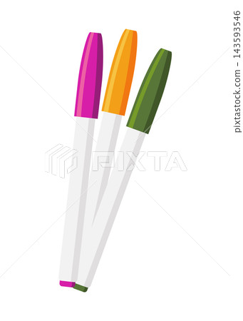 Three colorful marker pens with caps removed displayed upright on white background, flat vector illustration of writing tools in magenta, orange and olive green Three colorful marker pens with caps removed displayed upright on white background, flat vector illustration of writing tools in magenta, orange and olive green 143593546
