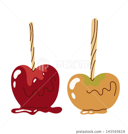 Red and Golden Candy Apples on Sticks with Glossy Sugar Coating, Sweet Autumn Fair Treat Illustration for Halloween Events, Fall Festivals, Bakery Packaging, Party Invitations and Seasonal Posters Red and Golden Candy Apples on Sticks with Glossy Sugar Coating, Sweet Autumn Fair Treat Illustration for Halloween Events, Fall Festivals, Bakery Packaging, Party Invitations and Seasonal Posters 143593619