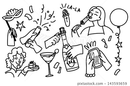 Hand drawn celebration doodle composition with champagne bottles, glasses, party poppers, balloons, gifts and festive people for holiday invitations, greeting cards and posters Hand drawn celebration doodle composition with champagne bottles, glasses, party poppers, balloons, gifts and festive people for holiday invitations, greeting cards and posters 143593659