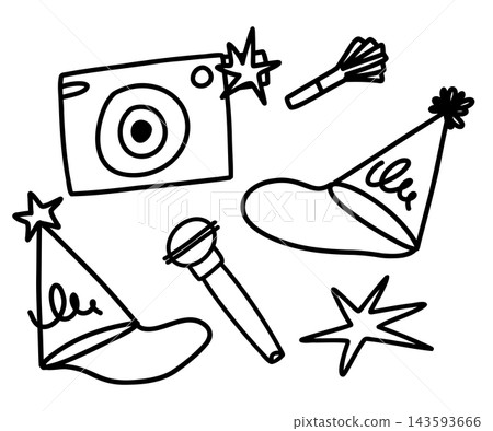 Hand drawn New Year party doodle collection with camera, party hats, sparklers, celebration blower and festive stars for holiday cards, invitations, posters and event design Hand drawn New Year party doodle collection with camera, party hats, sparklers, celebration blower and festive stars for holiday cards, invitations, posters and event design 143593666