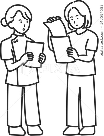 醫生和護士檢查文件和醫療記錄的插圖(僅線條畫)。 醫生和護士檢查文件和醫療記錄的插圖(僅線條畫)。 143594582