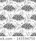 Roasted coffee beans with leaves seamless pattern. Hand-drawn graphite pencil branches illustration isolated graphic design on white background. Botanical detailed sketch, monochrome vintage style 143594750