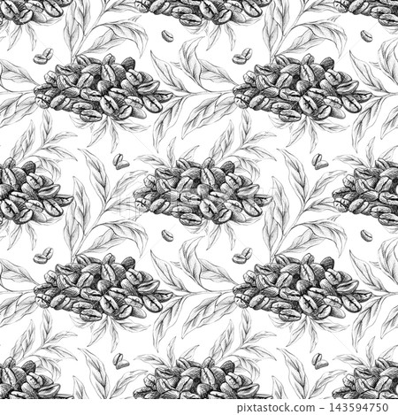 Roasted coffee beans with leaves seamless pattern. Hand-drawn graphite pencil branches illustration isolated graphic design on white background. Botanical detailed sketch, monochrome vintage style Roasted coffee beans with leaves seamless pattern. Hand-drawn graphite pencil branches illustration isolated graphic design on white background. Botanical detailed sketch, monochrome vintage style 143594750