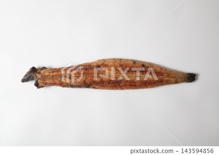 One whole grilled eel, viewed from directly above against a white background. One whole grilled eel, viewed from directly above against a white background. 143594856