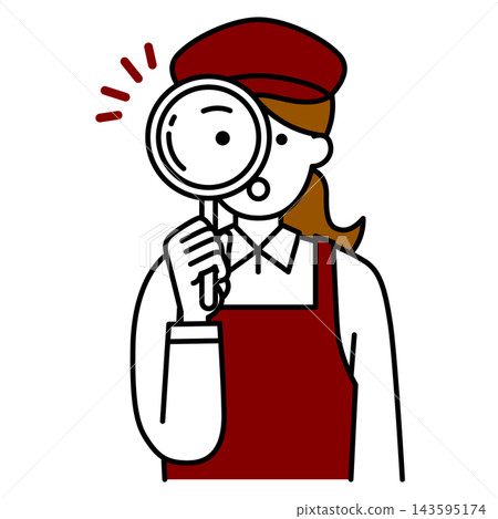 A female cafe employee peering through a magnifying glass A female cafe employee peering through a magnifying glass 143595174