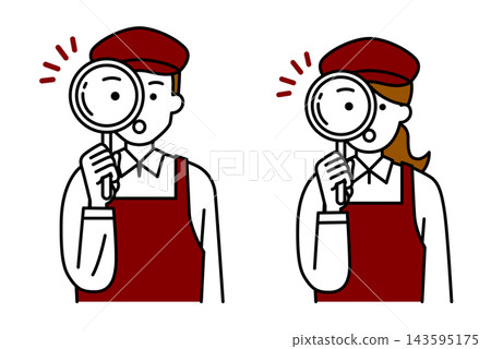 A male and female cafe employee peering through a magnifying glass. 143595175